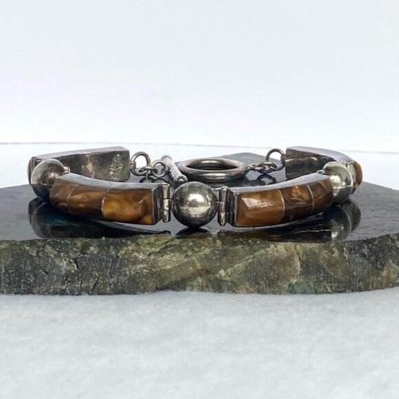 VTG Sterling Silver 925 Heavy Signed Southwest Tigers Eye Inlay Panel Bracelet - Picture 16 of 16